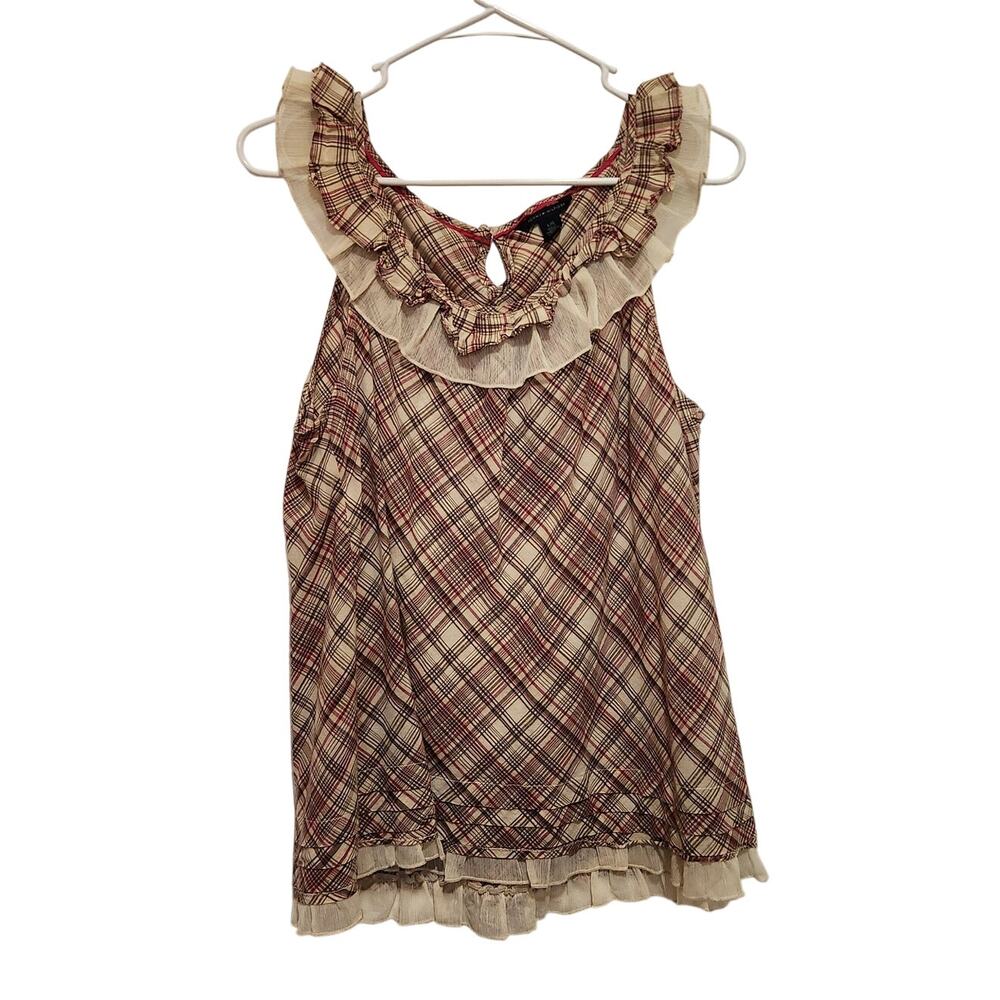 Tommy Hilfiger Brown Pink Plaid Ruffle Keyhole Blouse Preppy Top Size Large